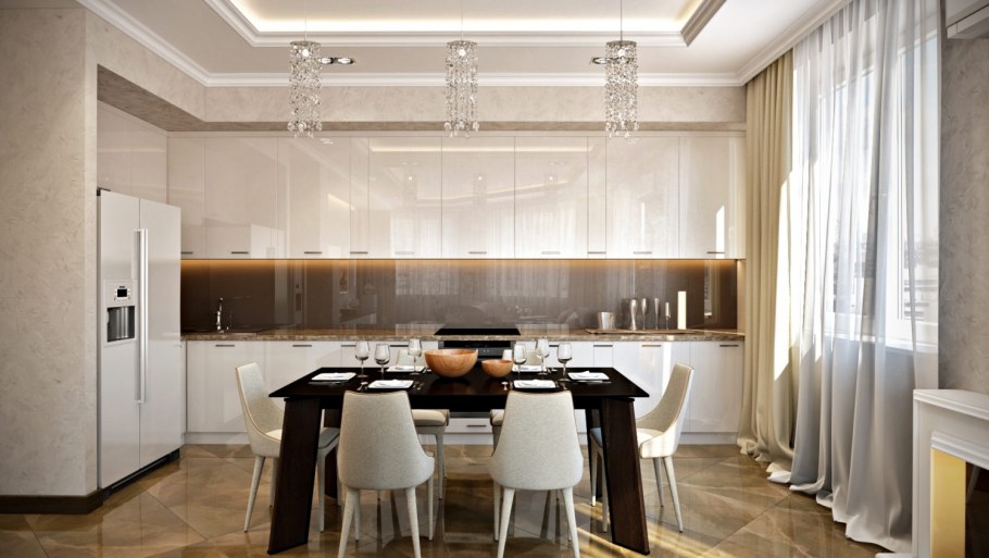 Кухня гостиная в бежевых тонах