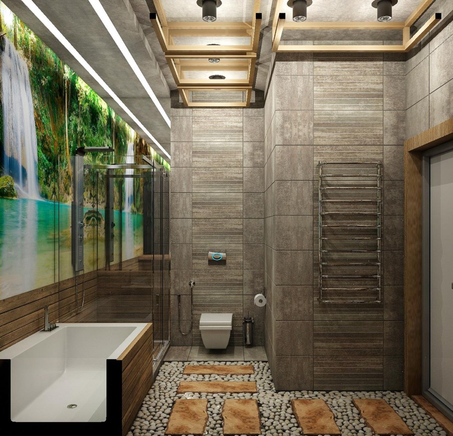 Ванная комната дерево и камень экостиль