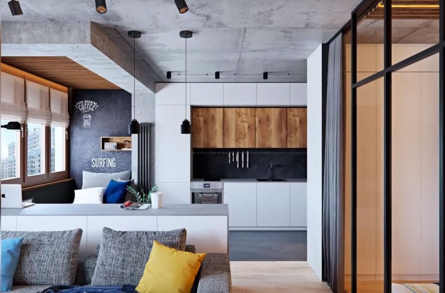 Интерьер студии лофт 30кв