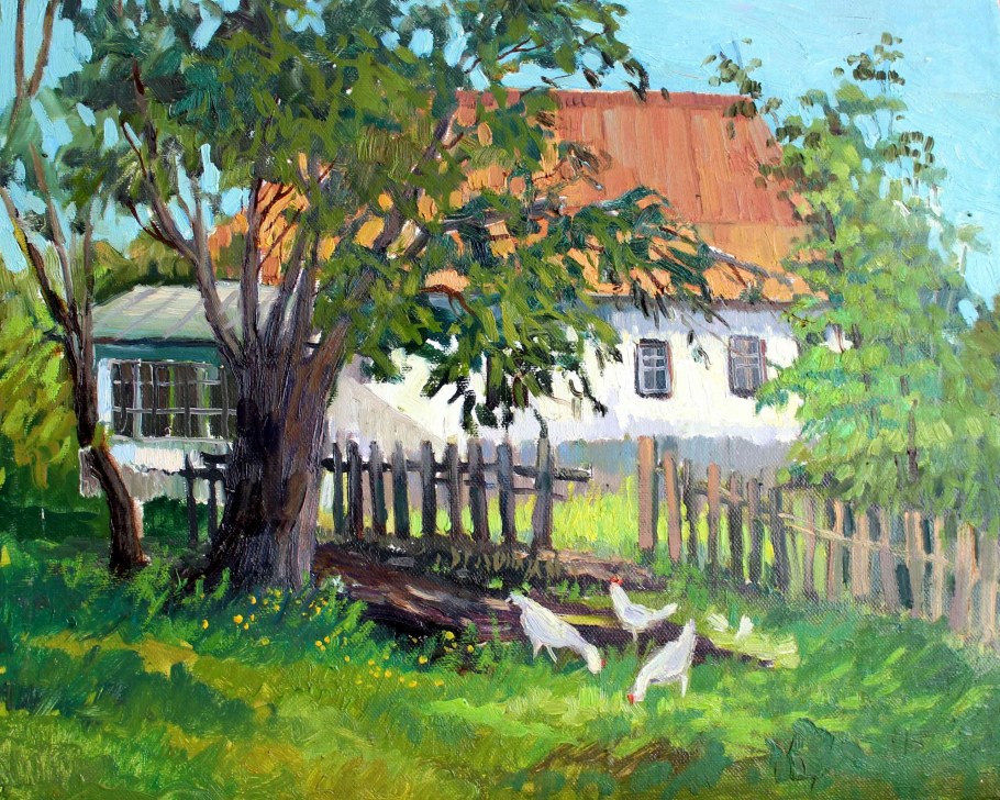 Домик в деревне гуашью