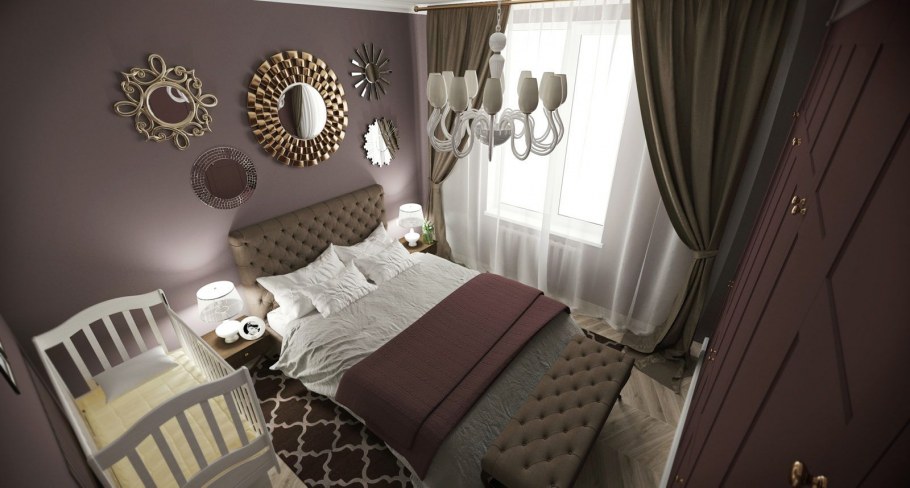 Серая спальня с детской кроваткой