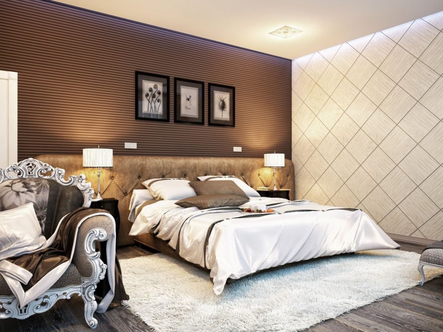 Спальня с коричневым ламинатом