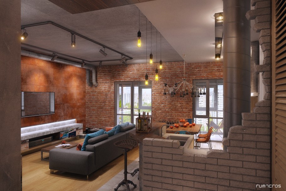 Квартира лофт кухня гостиная