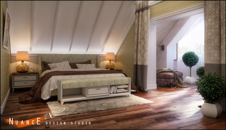 Дизайн спальни со скошенным потолком в частном доме