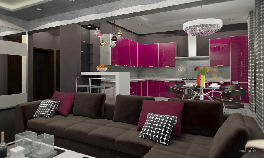 Кухня гостиная в бордовых тонах