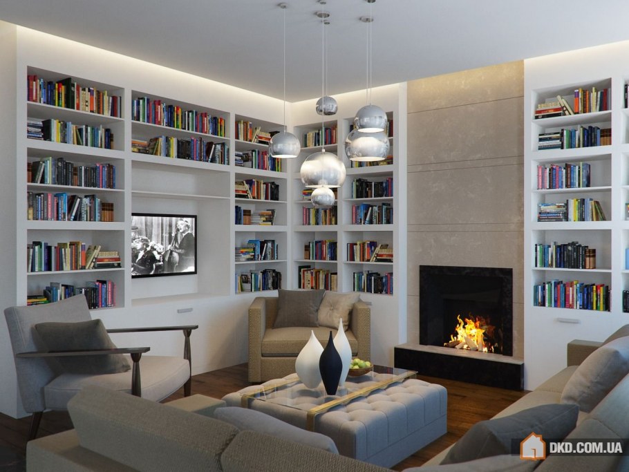 Гостиная совмещенная с библиотекой