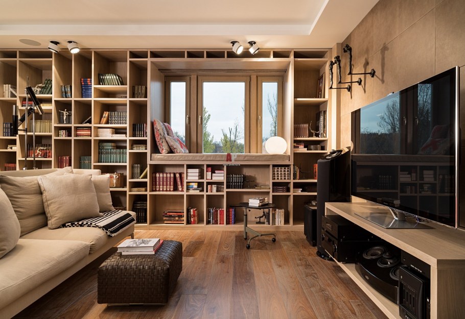 Библиотека в интерьере гостиной