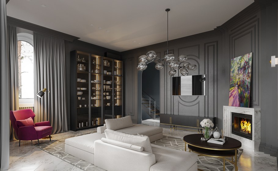 Гостиная в доме с камином тенденции 2020 года