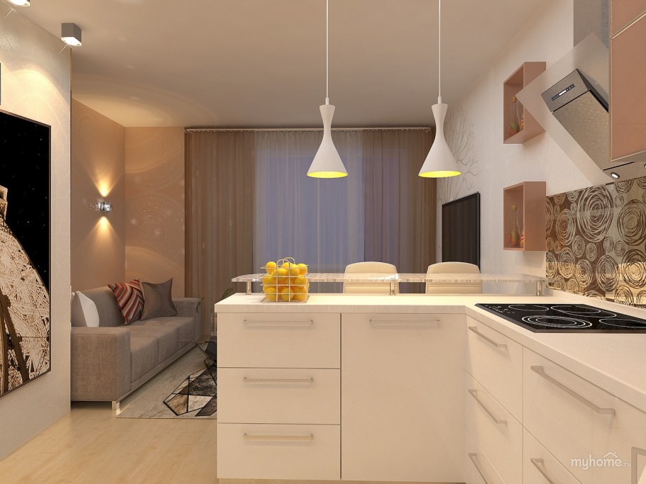 Кухня гостиная в теплых светлых тонах