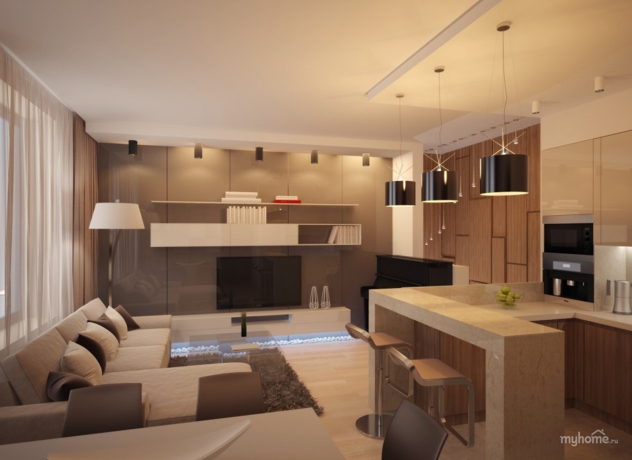 Кухня студия в теплых тонах