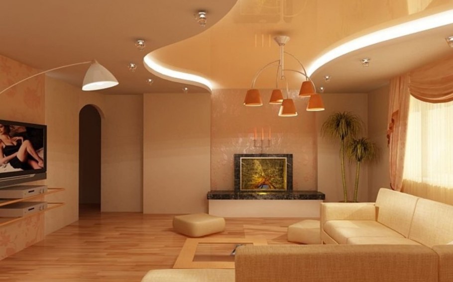 Дизайн натяжных потолков в зале 18 кв.м фото в квартире