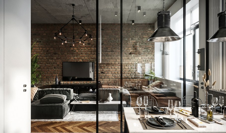 Картина в интерьере лофт спальня