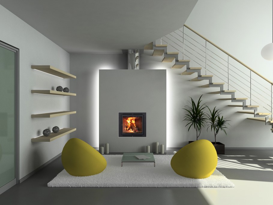 Камин с лестницей в гостиной