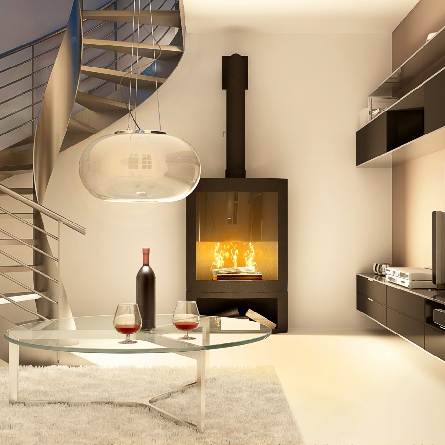 Камин с лестницей в гостиной