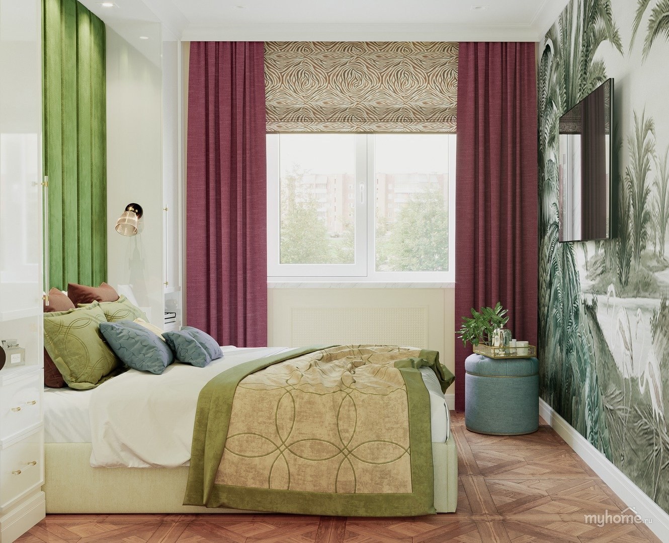 Зелено бежевые обои. Спальня в бежево зеленых тонах. Спальня с зелеными шторами. Салатовые шторы в интерьере. Шторы зеленые с бежевым.