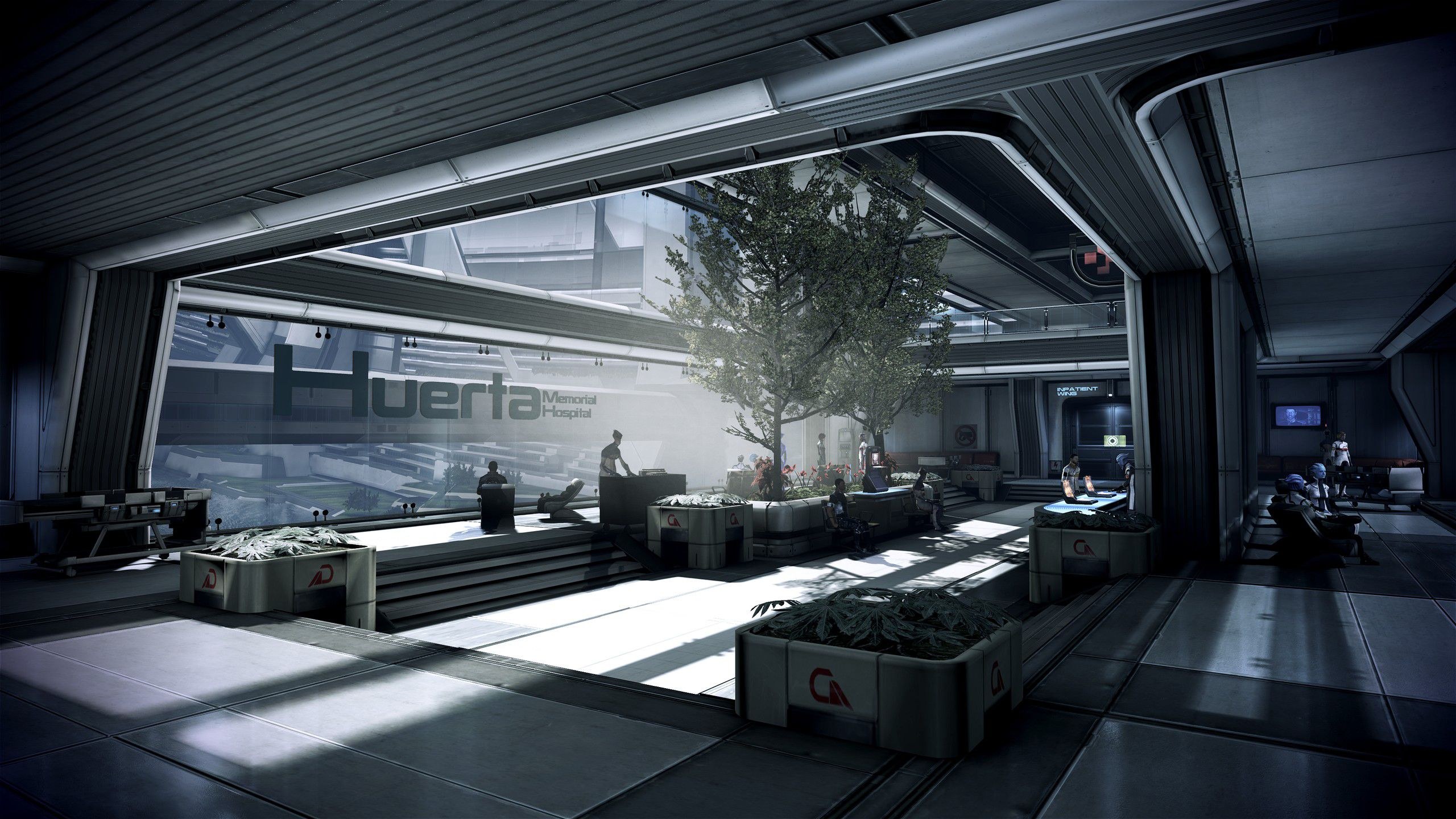 Effect office. Mass Effect интерьер. Star Citizen ангар. Офис в стиле киберпанк. Фантастический интерьер.