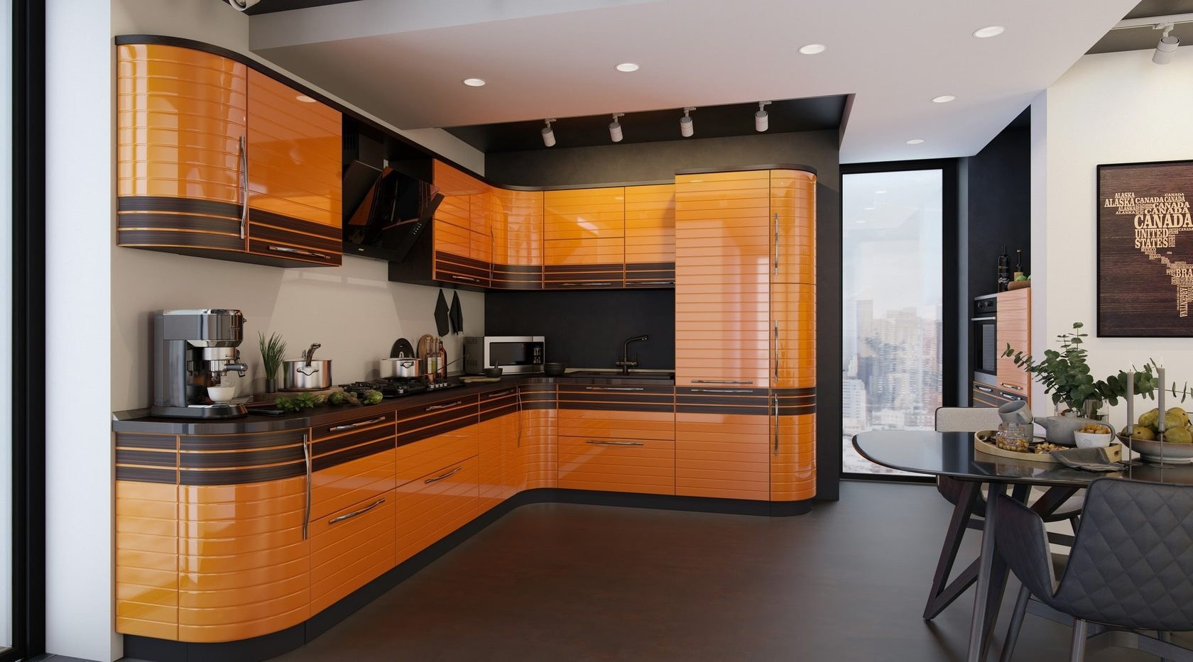 оранжевая кухня с темной столешницей