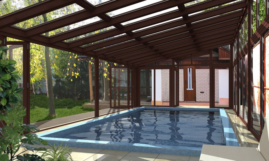 Деревянный навес над бассейном