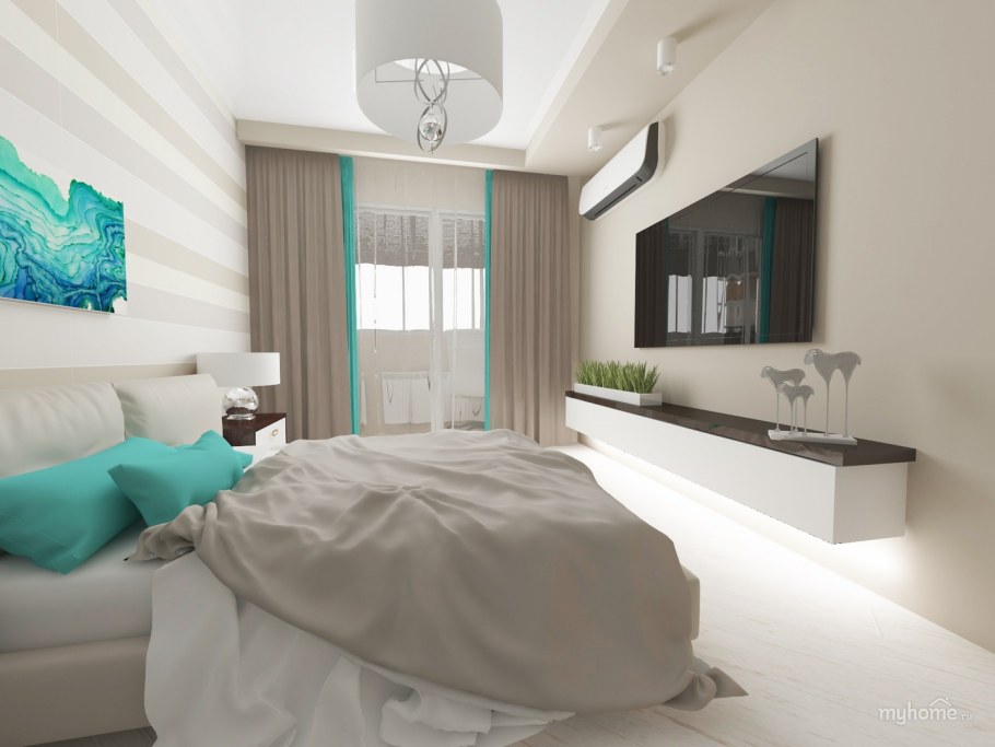 Спальня в бежевых тонах с яркими акцентами