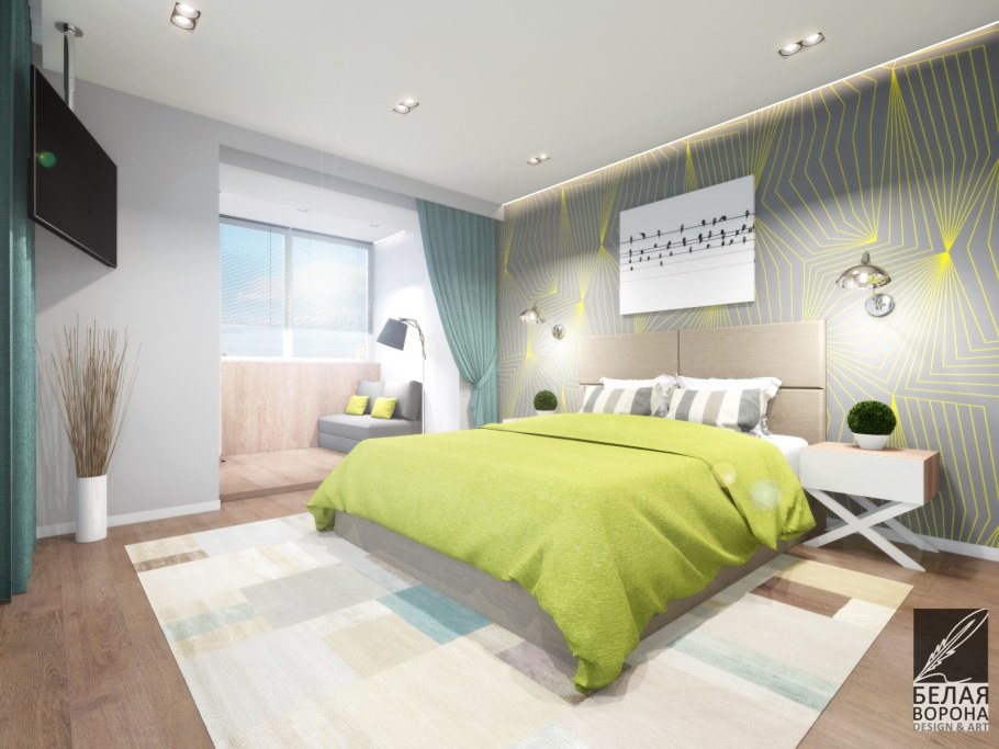 Интерьер спальни с линиями ярком цвете
