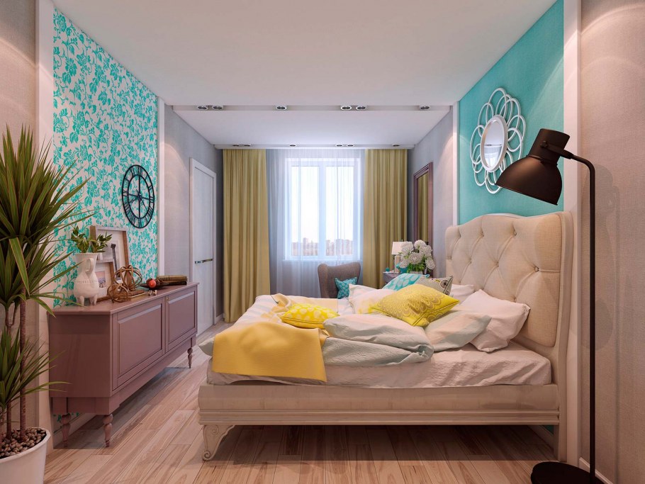 Бежевая спальня с яркими акцентами