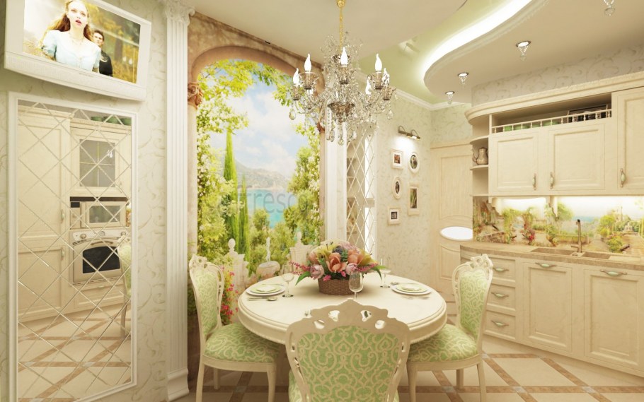 Фреска в стиле Прованс в интерьере кухни