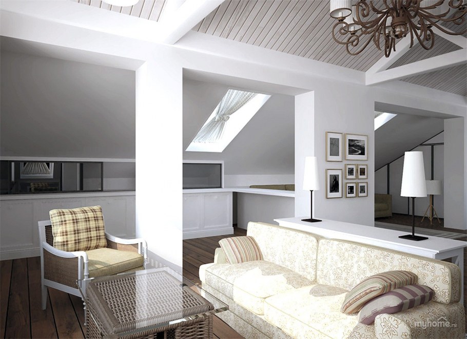 Интерьер гостиной с мансардной крышей