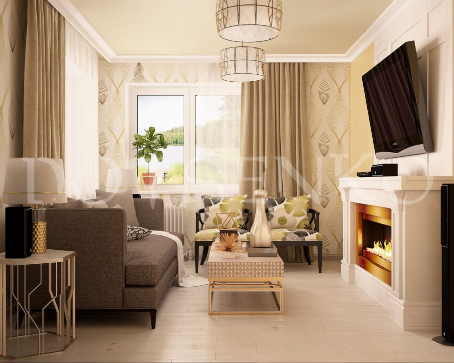 Интерьер гостиной в современном стиле с камином в доме