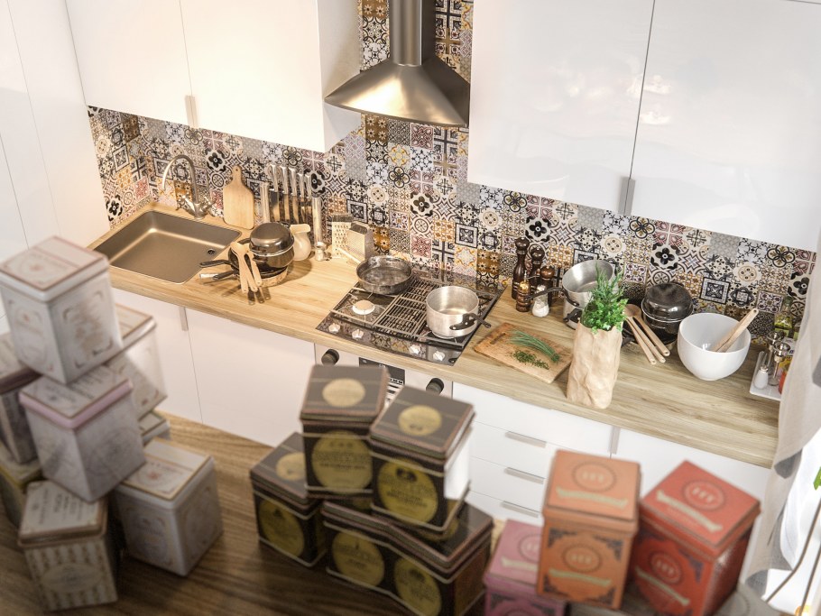 Кухонный фартук в стиле пэчворк в интерьере