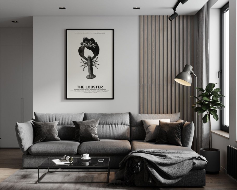 Интерьер квартиры с серым диваном в фотошопе