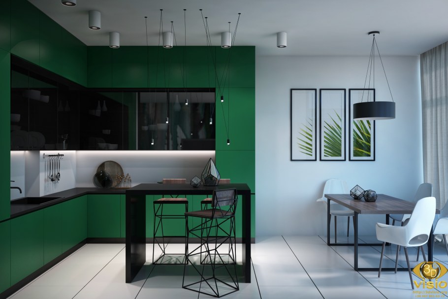 Кухня зеленая с серым