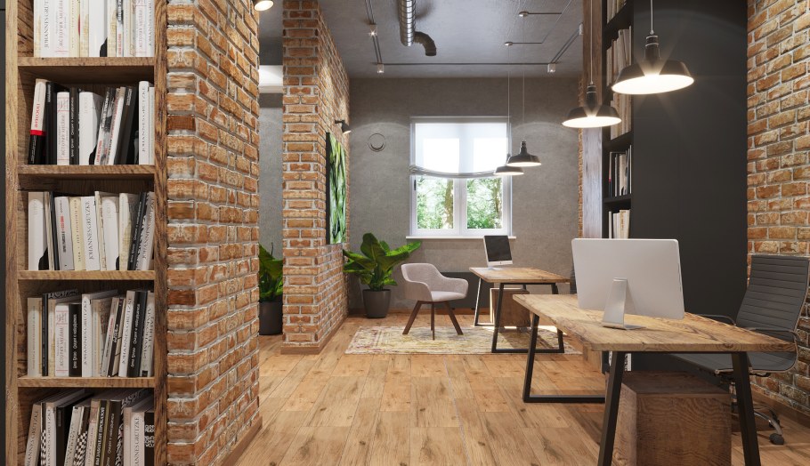 Офис в стиле лофт с кирпичами