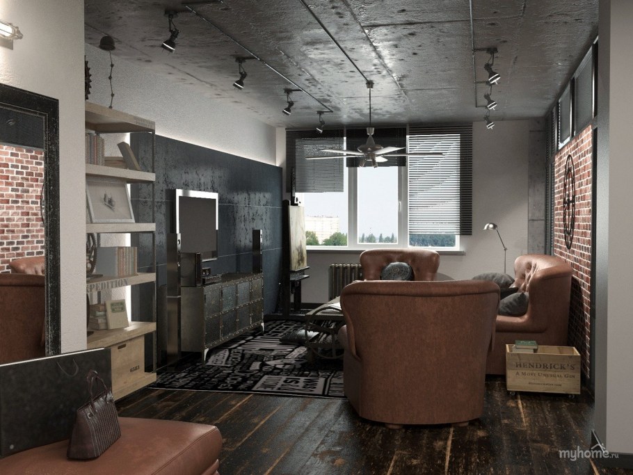 Гостиная в стиле лофт в сталинке