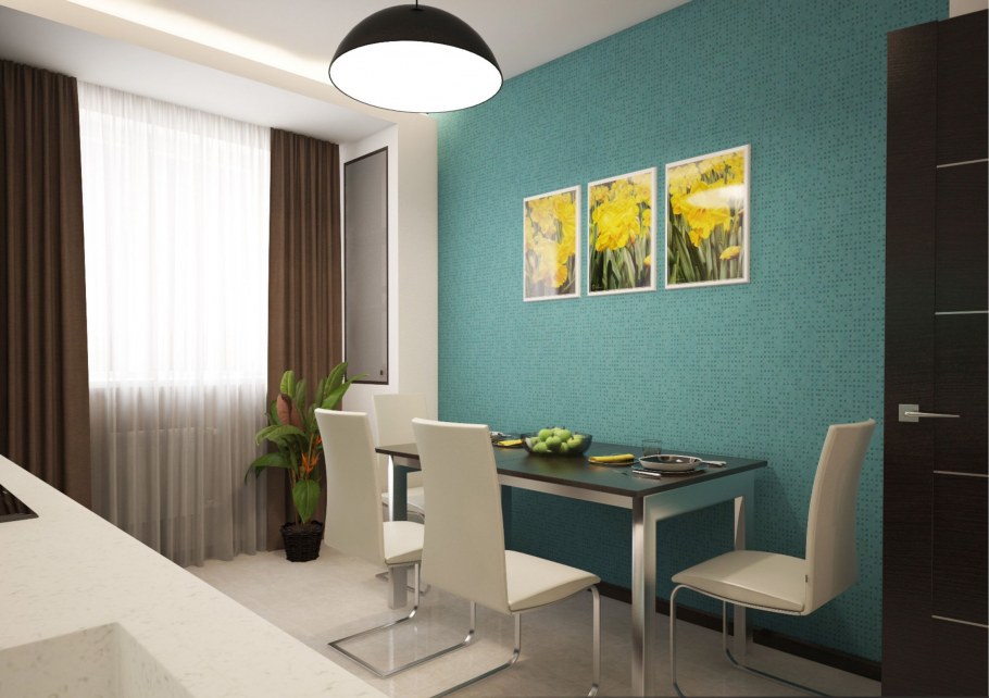 Однотонные обои в интерьере кухни