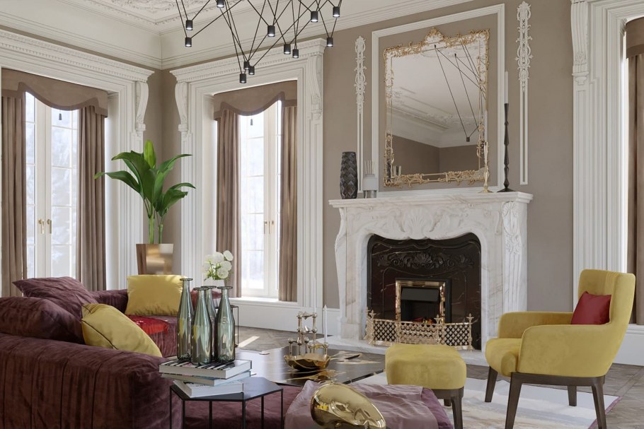 Гостиная в стиле Ампир с камином