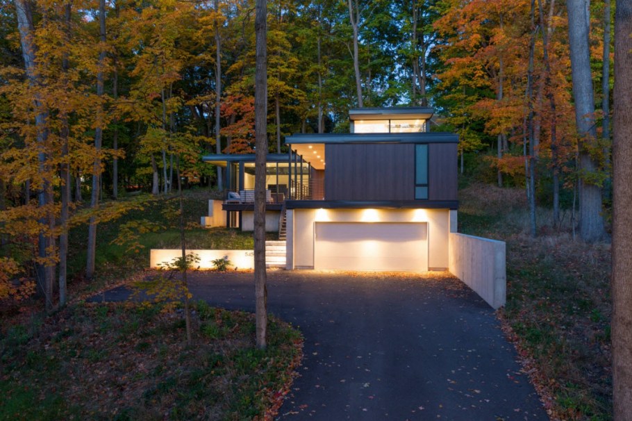 Дом с плоской кровлей в лесу
