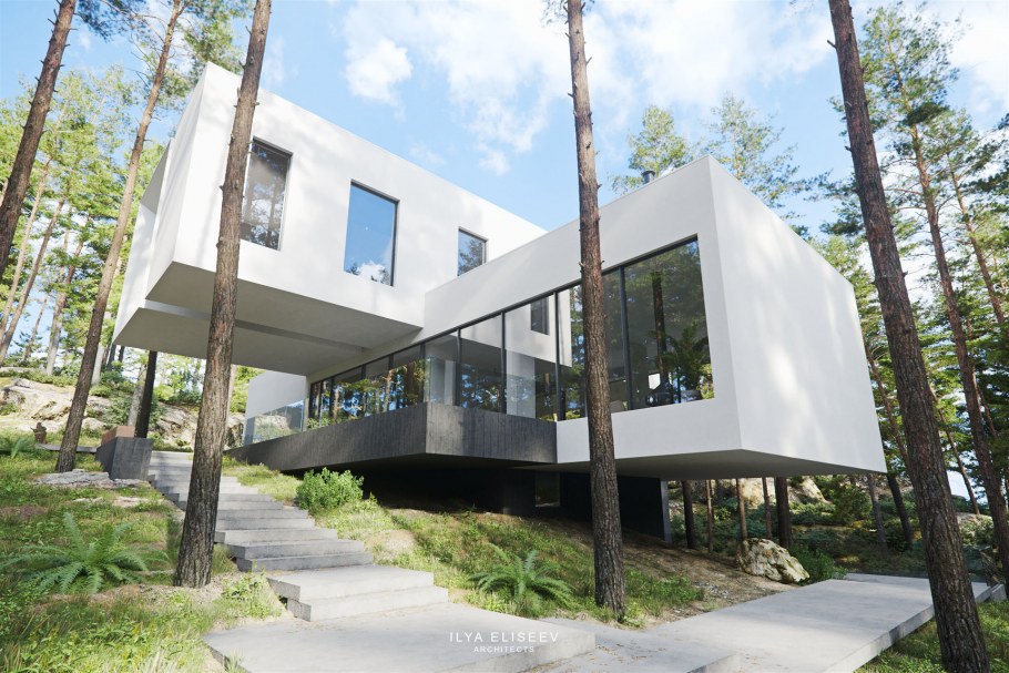 Дом с плоской кровлей на склоне