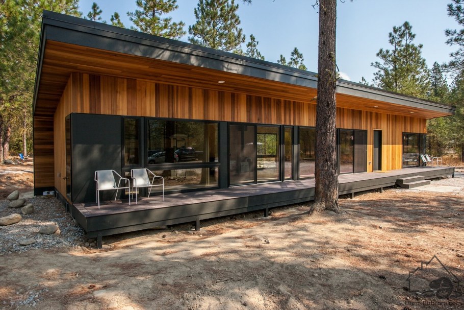 Дом с плоской кровлей в соснах