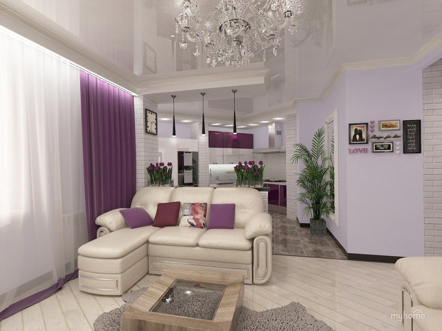 Гостиная в бежево сиреневых тонах