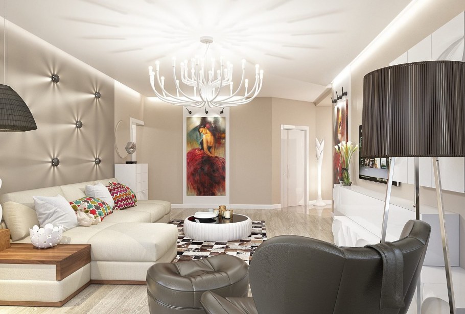 Акцентная стена в гостиной- кухне за диваном