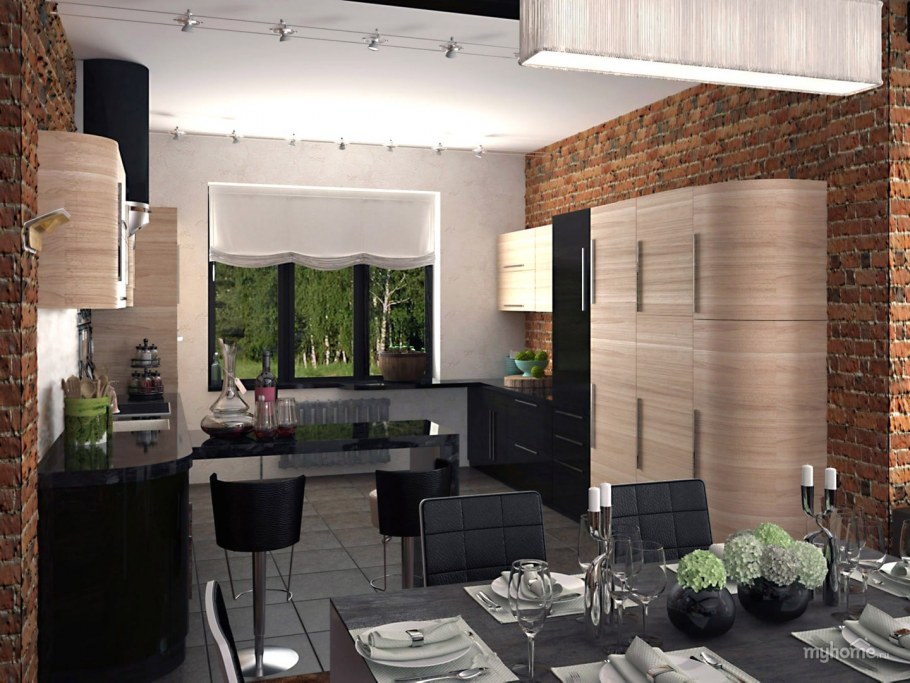 Шторы в интерьере кухни лофт