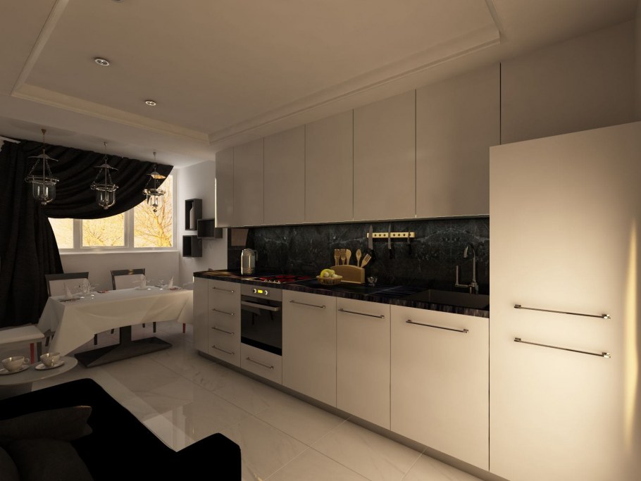 Бело-бежевая кухня с чёрной столешницей