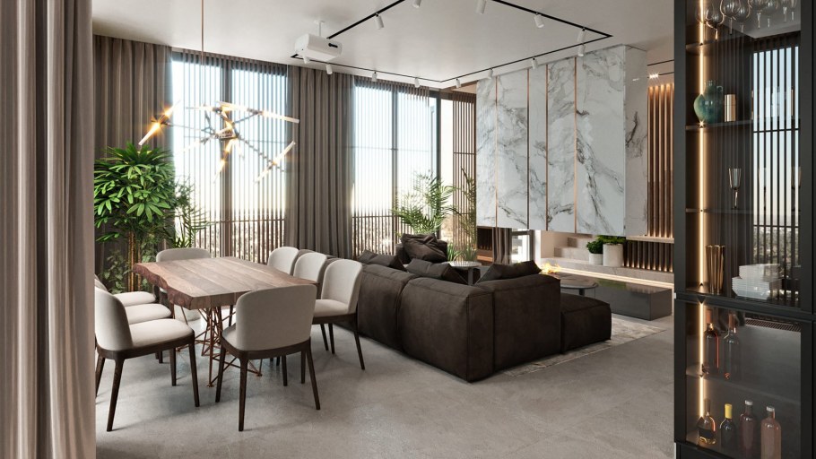 Гостиная столовая с панорамными окнами