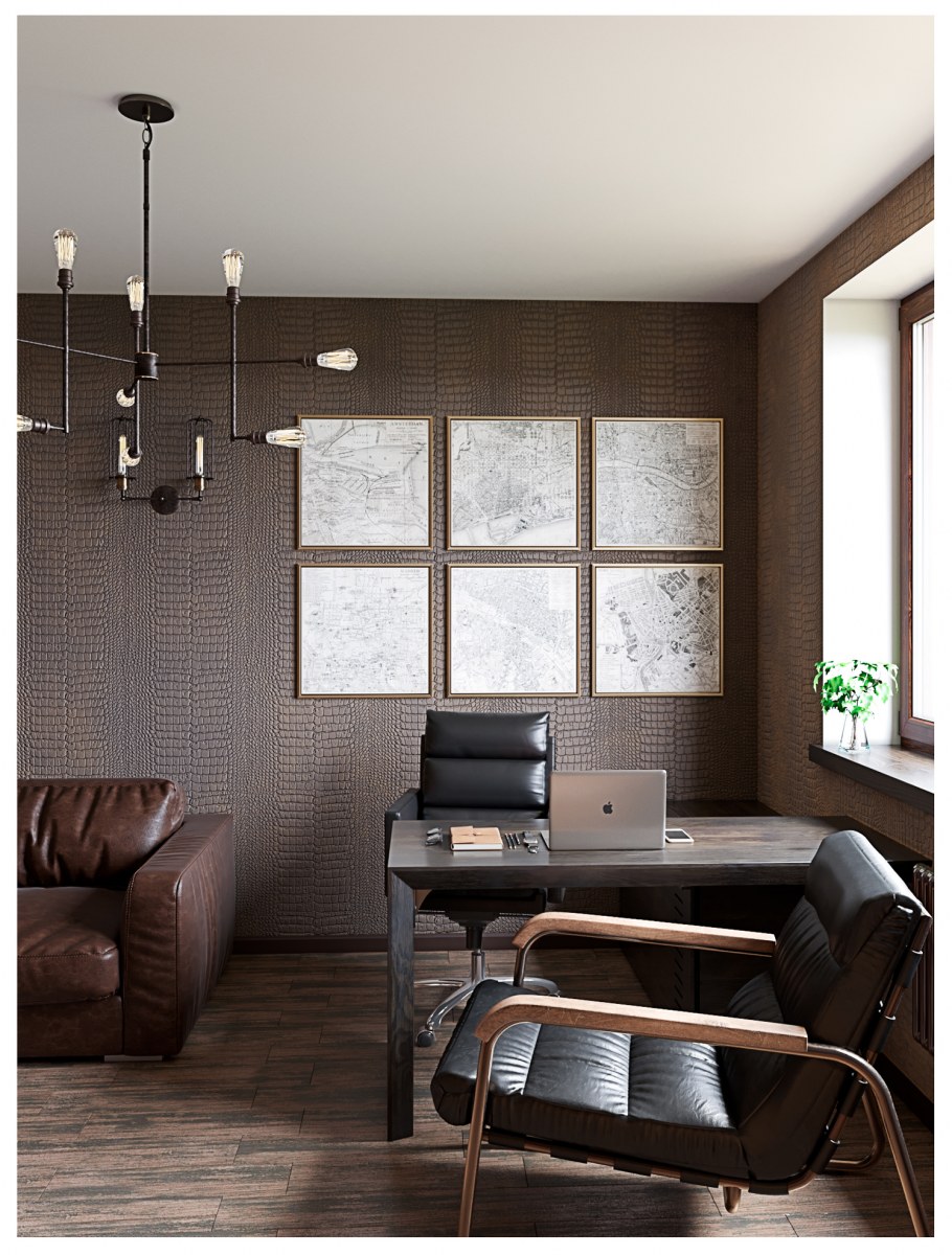 Интерьер кабинета в темных тонах