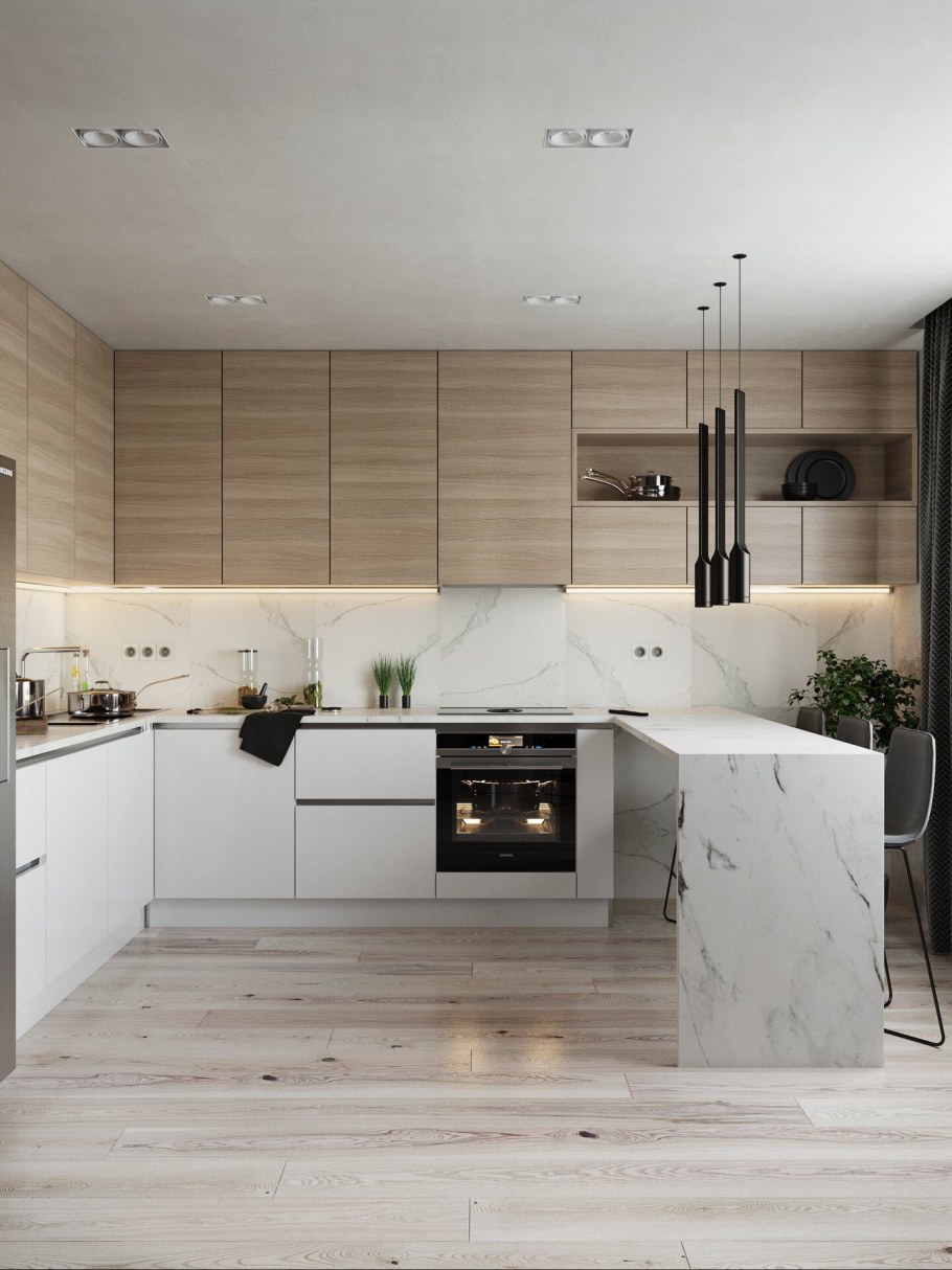 Кухня белая с деревом