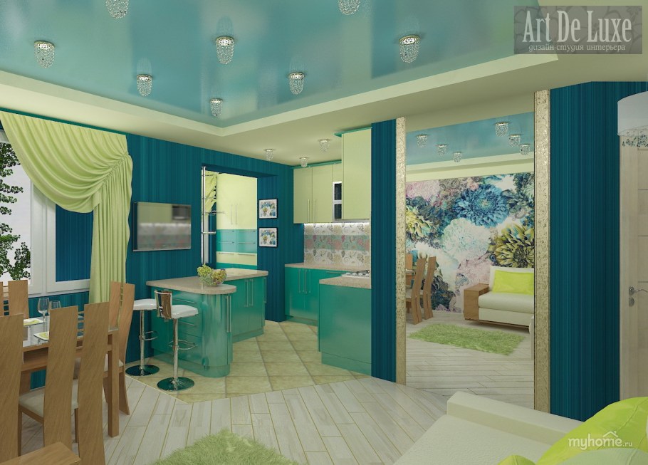 Интерьер гостиной-кухни бирюзовые тона