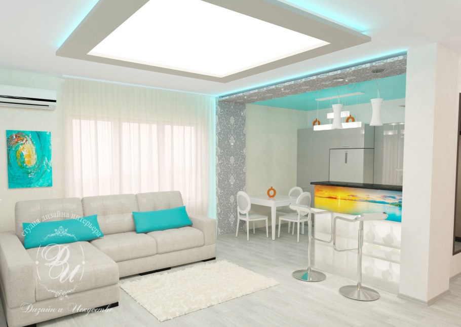 Гостиная в бежево бирюзовом цвете