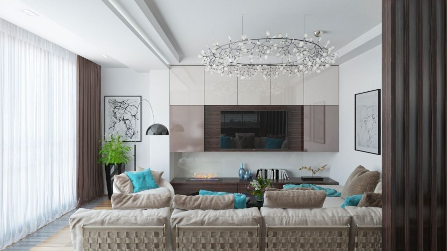 Кухня гостиная в бирюзово розовых тонах