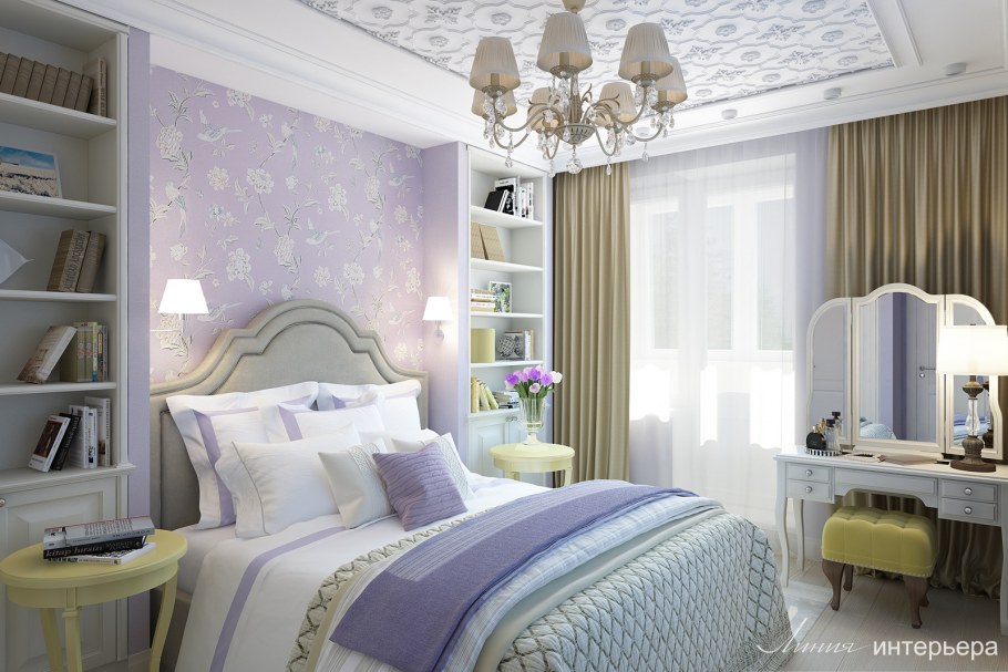 Спальня в фиолетово зеленых тонах Неоклассика