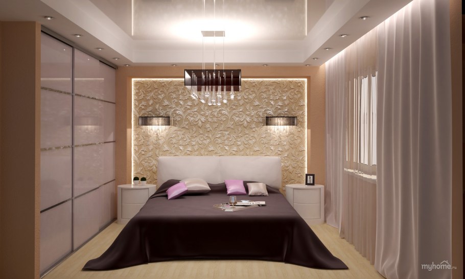 Спальня в бежевых тонах с темным полом